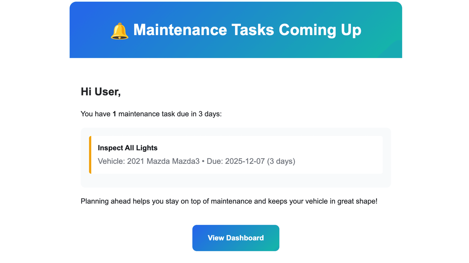 Dashboard showing upcoming tasks
